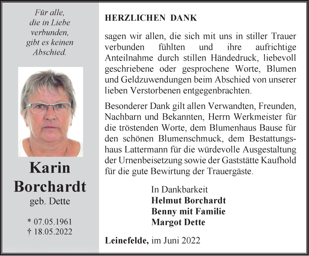  Traueranzeige für Karin Borchardt vom 24.06.2022 aus Thüringer Allgemeine