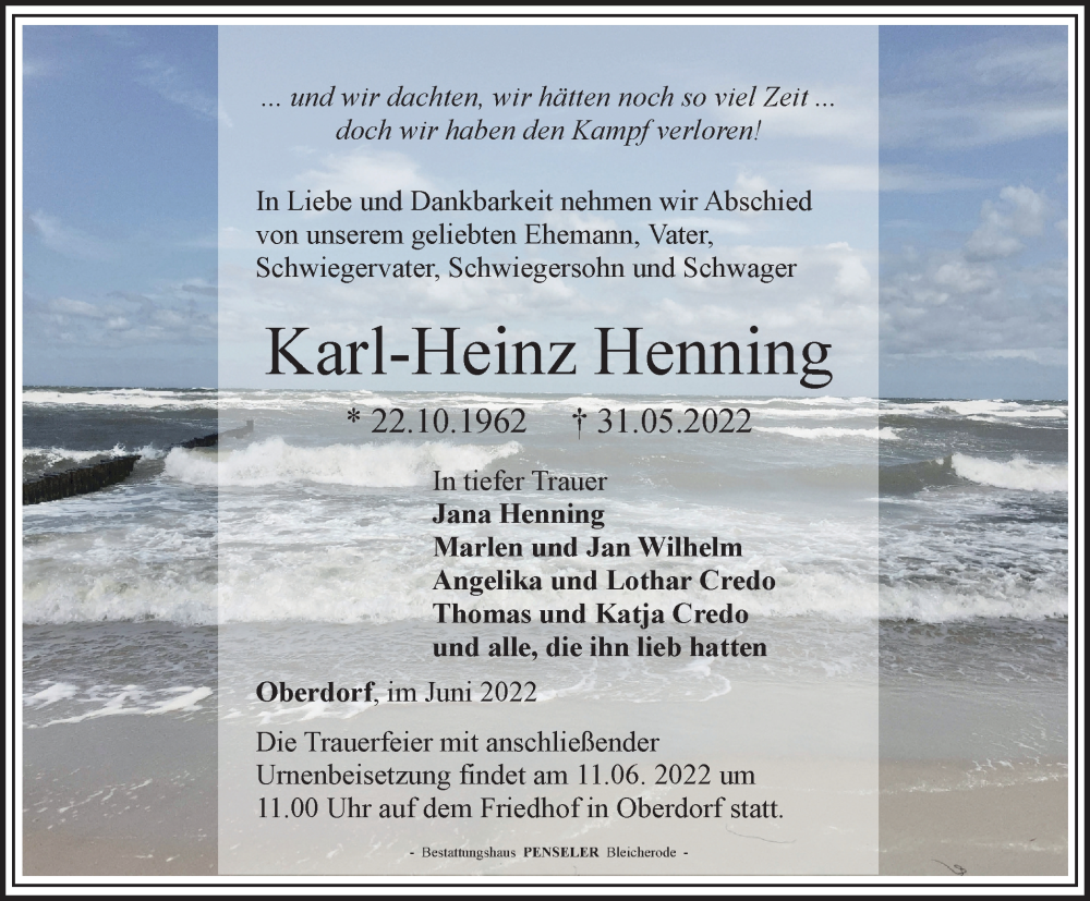  Traueranzeige für Karl-Heinz Henning vom 04.06.2022 aus Thüringer Allgemeine