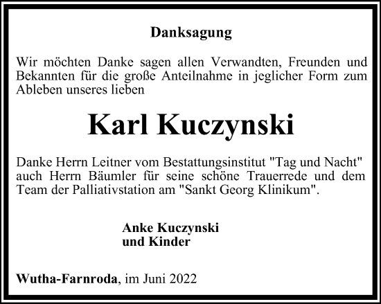 Traueranzeige von Karl Kuczynski von Thüringer Allgemeine, Thüringische Landeszeitung