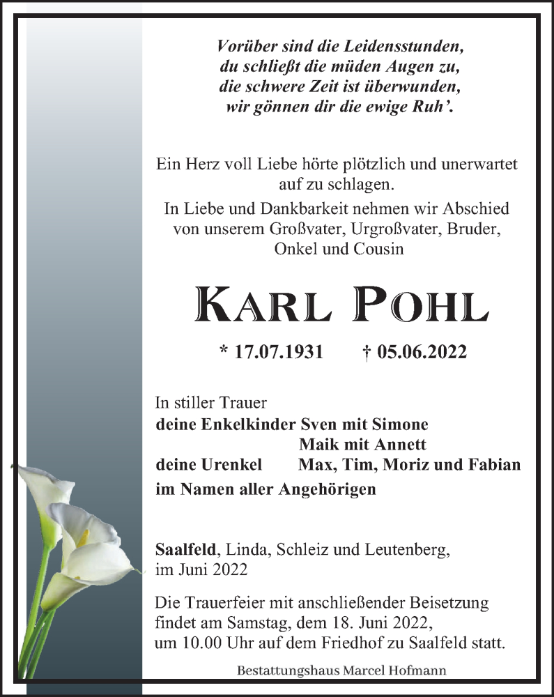  Traueranzeige für Karl Pohl vom 11.06.2022 aus Ostthüringer Zeitung