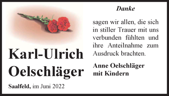 Traueranzeige von Karl-Ulrich Oelschläger von Ostthüringer Zeitung