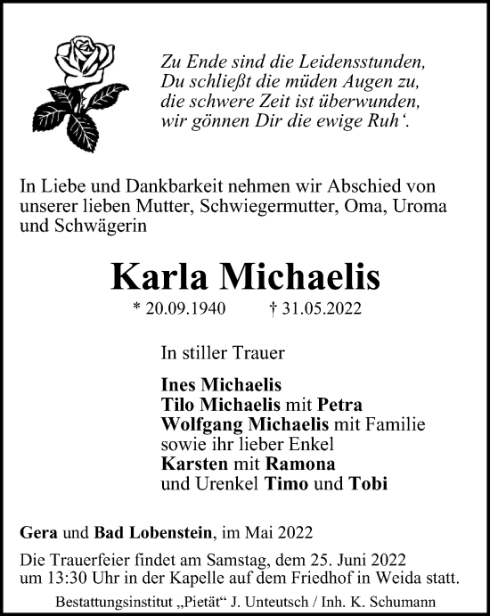 Traueranzeige von Karla Michaelis von Ostthüringer Zeitung