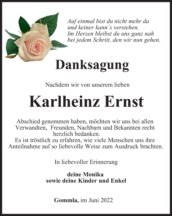 Traueranzeige von Karlheinz Ernst von Ostthüringer Zeitung