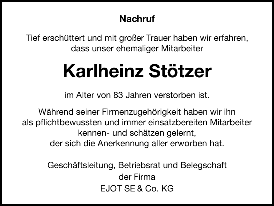 Traueranzeige von Karlheinz Stötzer von Thüringer Allgemeine, Thüringische Landeszeitung