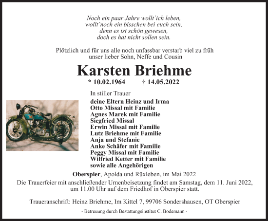 Traueranzeige von Karsten Briehme