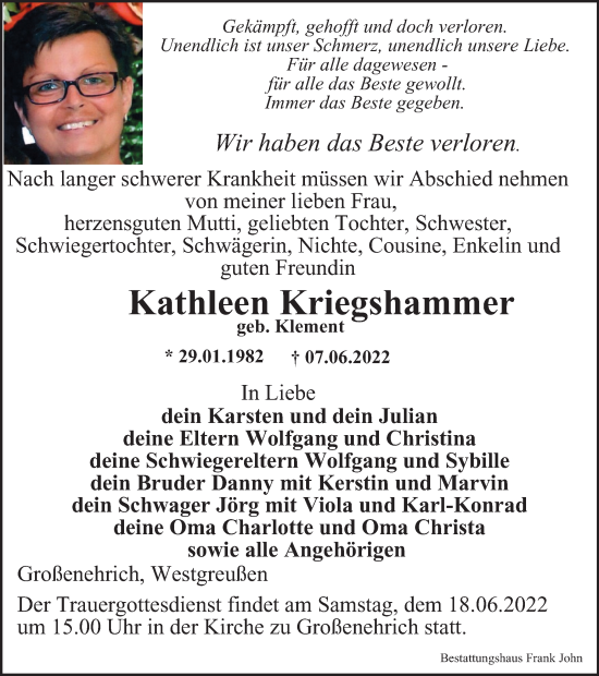 Traueranzeige von Kathleen Kriegshammer von Thüringer Allgemeine