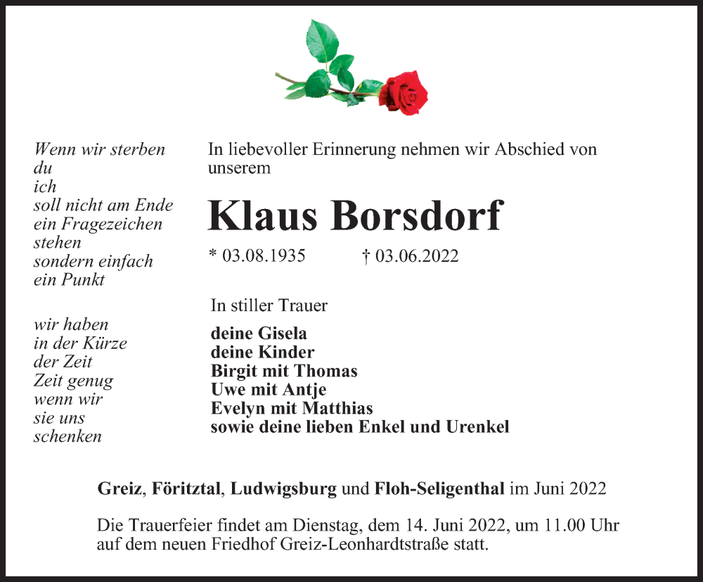  Traueranzeige für Klaus Borsdorf vom 10.06.2022 aus Ostthüringer Zeitung