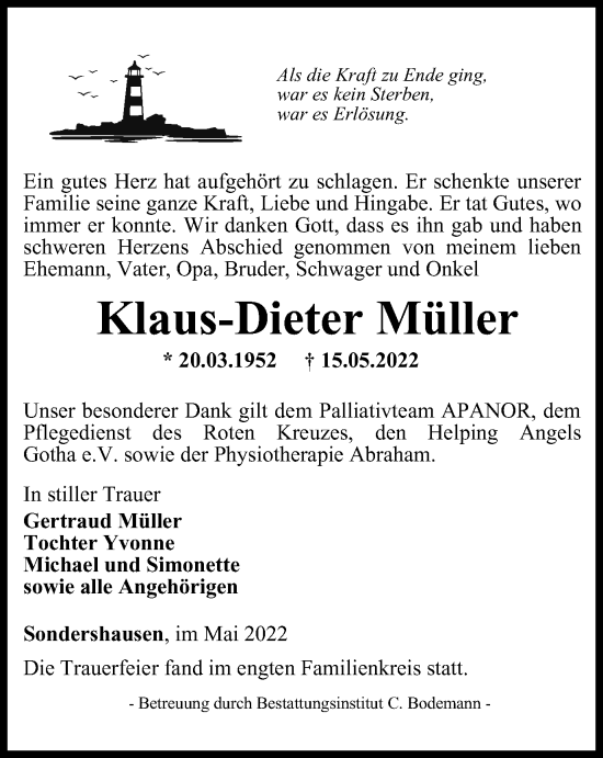 Traueranzeige von Klaus-Dieter Müller von Thüringer Allgemeine
