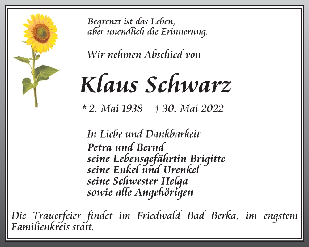  Traueranzeige für Klaus Schwarz vom 25.06.2022 aus Thüringer Allgemeine, Thüringische Landeszeitung