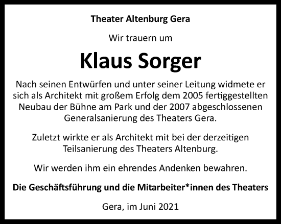 Traueranzeige von Klaus Sorger von Ostthüringer Zeitung