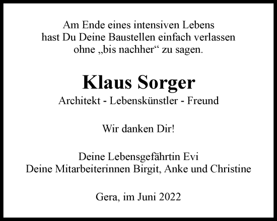 Traueranzeige von Klaus Sorger von Ostthüringer Zeitung