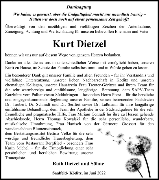 Traueranzeige von Kurt Dietzel von Ostthüringer Zeitung