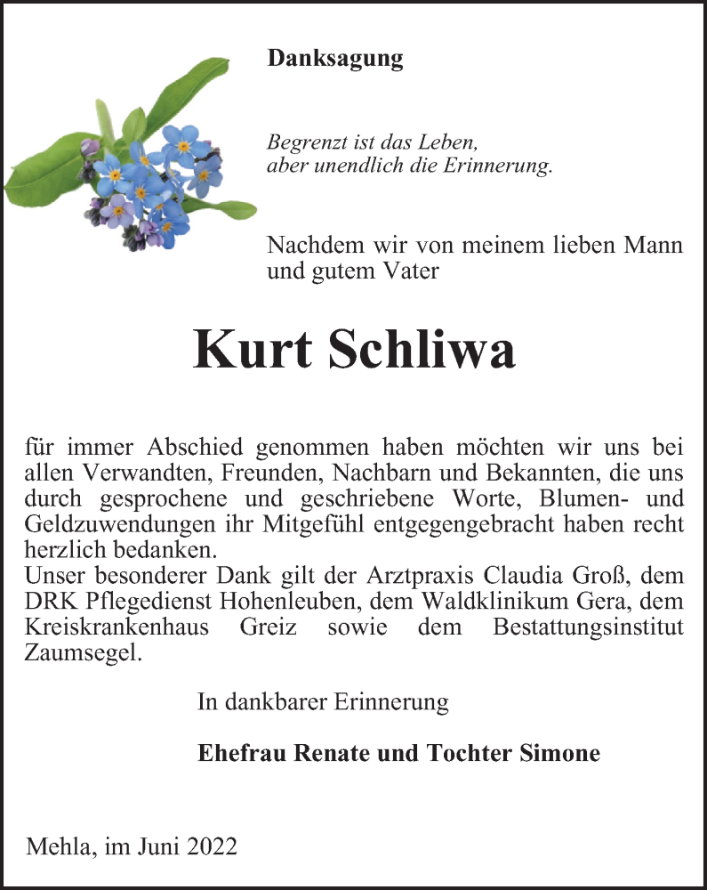  Traueranzeige für Kurt Schliwa vom 25.06.2022 aus Ostthüringer Zeitung