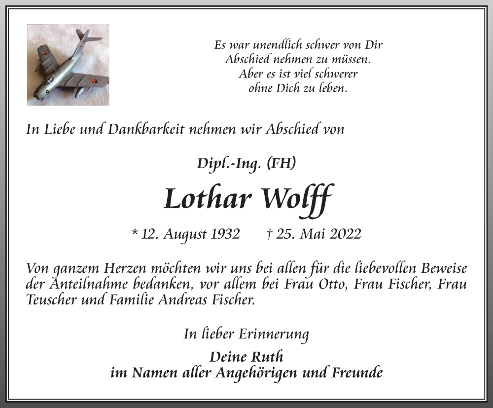  Traueranzeige für Lothar Wolff vom 25.06.2022 aus Thüringer Allgemeine, Thüringische Landeszeitung