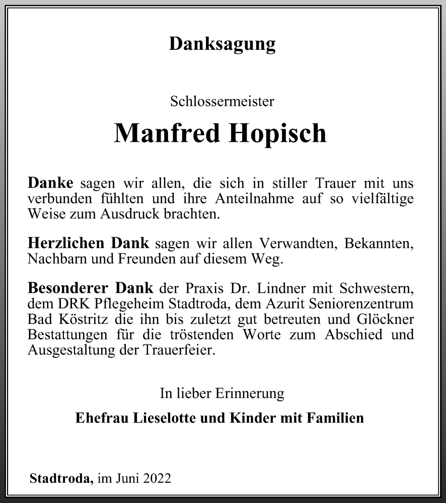  Traueranzeige für Manfred Hopisch vom 25.06.2022 aus Ostthüringer Zeitung