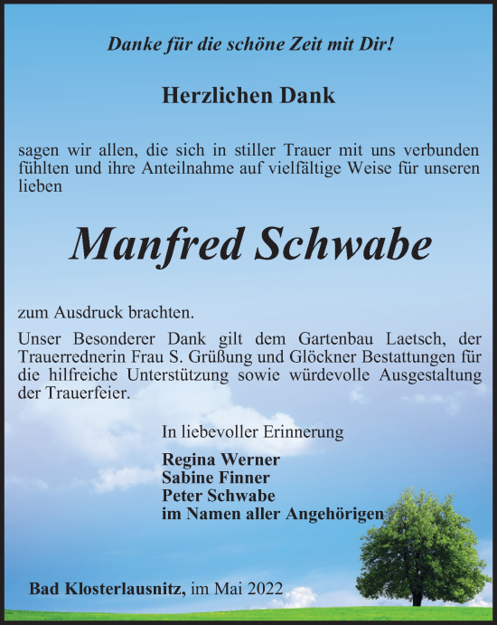 Traueranzeige von Manfred Schwabe von Ostthüringer Zeitung