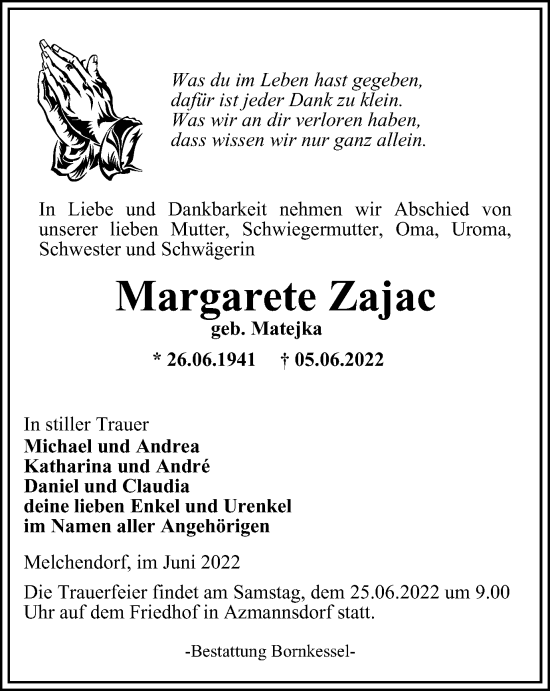 Traueranzeige von Margarete Zajac von Thüringer Allgemeine, Thüringische Landeszeitung