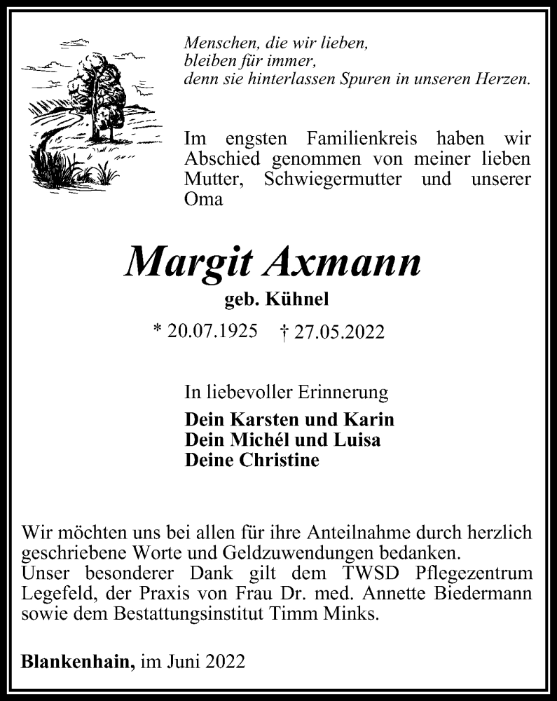  Traueranzeige für Margit Axmann vom 18.06.2022 aus Thüringer Allgemeine, Thüringische Landeszeitung
