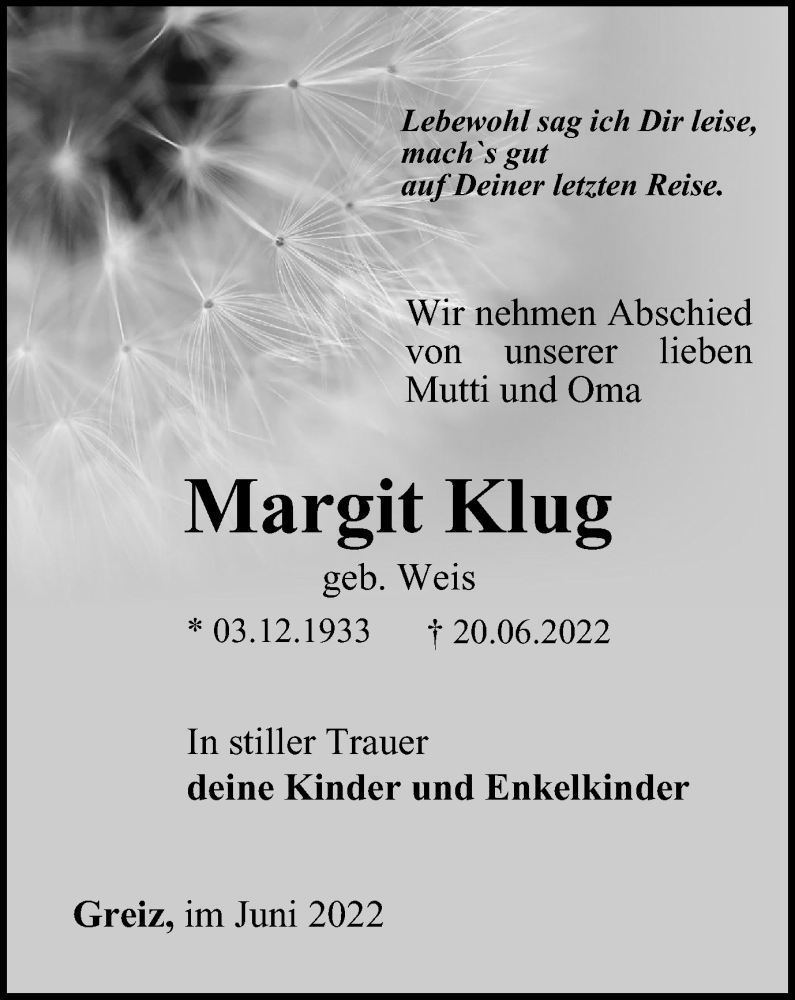  Traueranzeige für Margit Klug vom 24.06.2022 aus Ostthüringer Zeitung