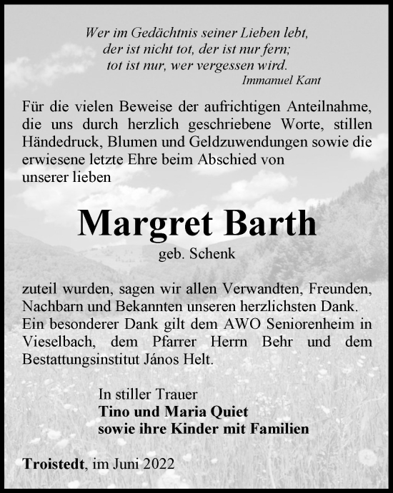 Traueranzeige von Margret Barth von Thüringer Allgemeine, Thüringische Landeszeitung