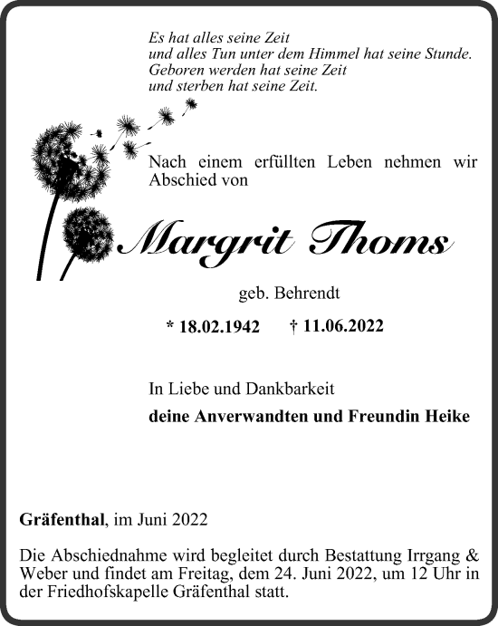 Traueranzeige von Margrit Thoms von Ostthüringer Zeitung