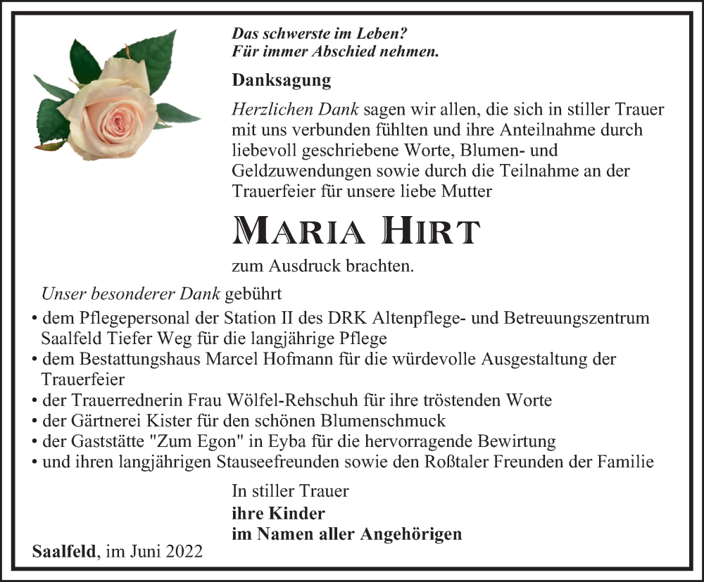  Traueranzeige für Maria Hirt vom 11.06.2022 aus Ostthüringer Zeitung