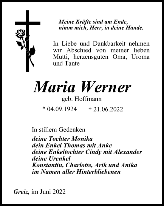 Traueranzeige von Maria Werner von Ostthüringer Zeitung