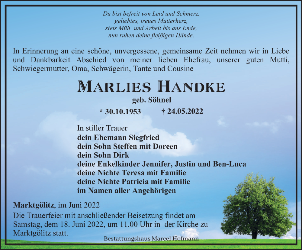  Traueranzeige für Marlies Handke vom 04.06.2022 aus Ostthüringer Zeitung
