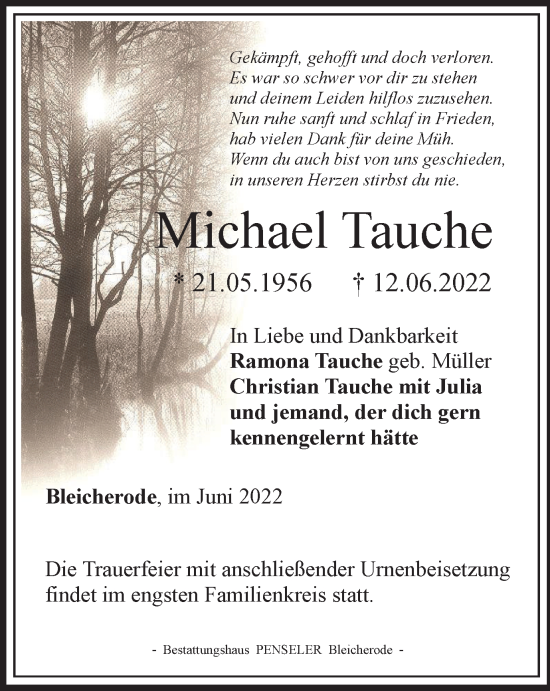 Traueranzeige von Michael Tauche von Thüringer Allgemeine