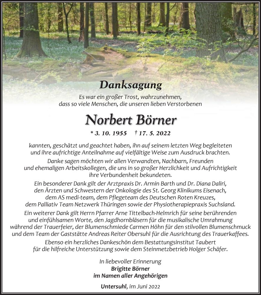  Traueranzeige für Norbert Börner vom 25.06.2022 aus Thüringer Allgemeine, Thüringische Landeszeitung