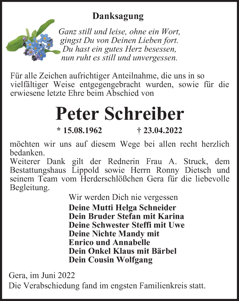  Traueranzeige für Peter Schreiber vom 18.06.2022 aus Ostthüringer Zeitung