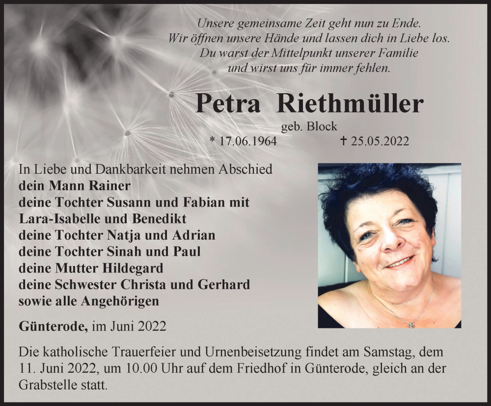  Traueranzeige für Petra Riethmüller vom 07.06.2022 aus Thüringer Allgemeine