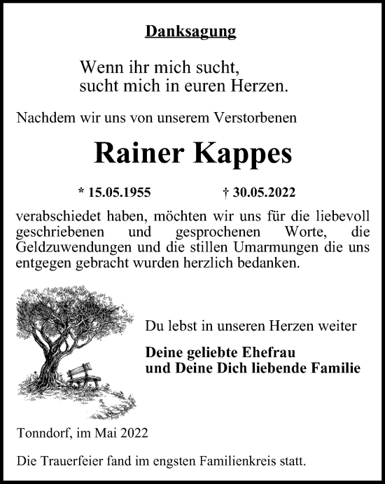 Traueranzeige von Rainer Kappes von Thüringer Allgemeine, Thüringische Landeszeitung