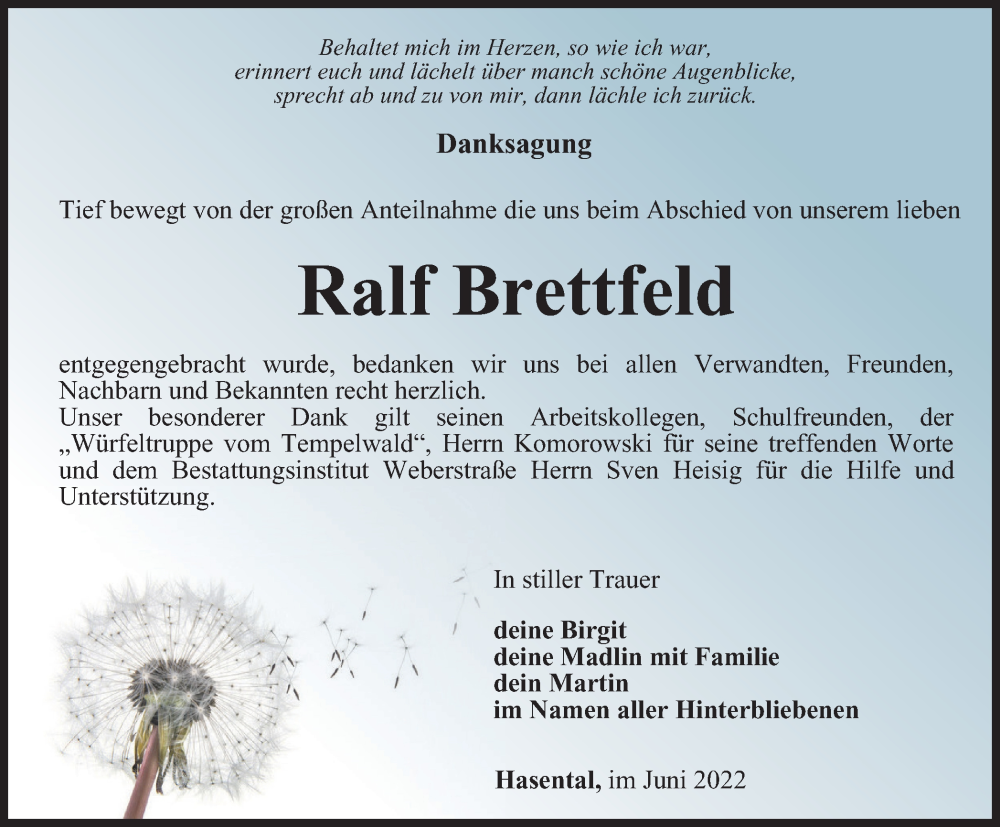  Traueranzeige für Ralf Brettfeld vom 10.06.2022 aus Ostthüringer Zeitung