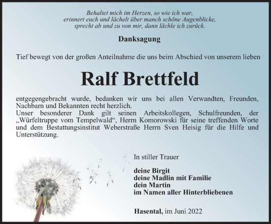 Traueranzeige von Ralf Brettfeld von Ostthüringer Zeitung