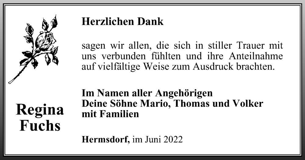  Traueranzeige für Regina Fuchs vom 25.06.2022 aus Ostthüringer Zeitung