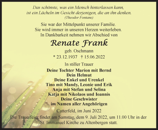 Traueranzeige von Renate Frank von Thüringer Allgemeine, Thüringische Landeszeitung
