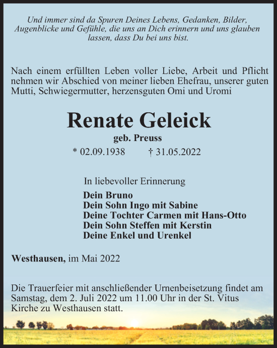 Traueranzeige von Renate Geleick von Thüringer Allgemeine, Thüringische Landeszeitung