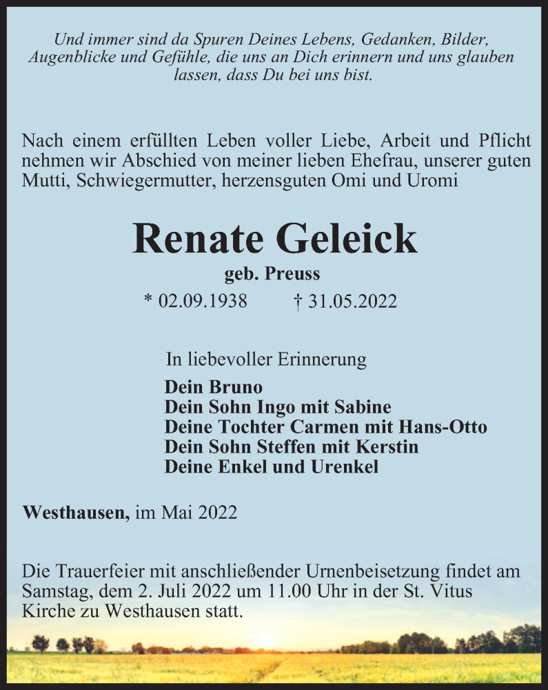  Traueranzeige für Renate Geleick vom 25.06.2022 aus Thüringer Allgemeine, Thüringische Landeszeitung