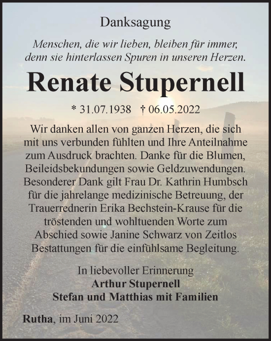 Traueranzeige von Renate Stupernell von Ostthüringer Zeitung, Thüringische Landeszeitung