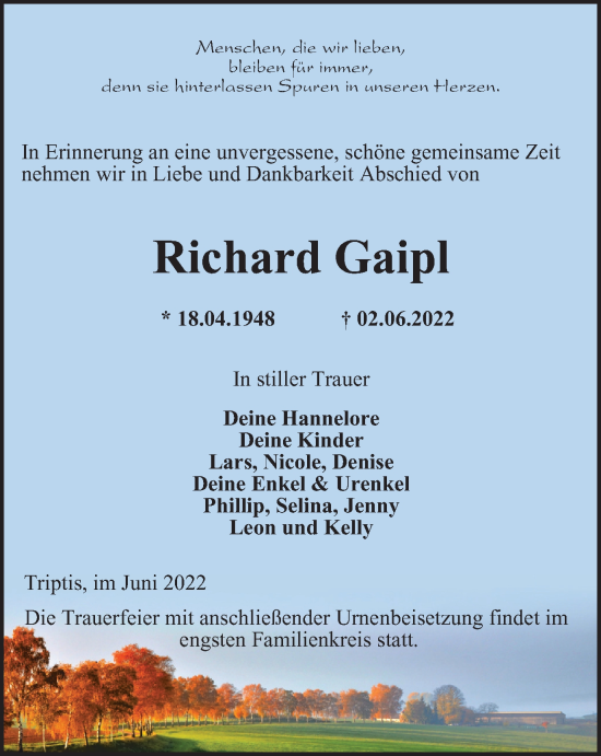 Traueranzeige von Richard Gaipl