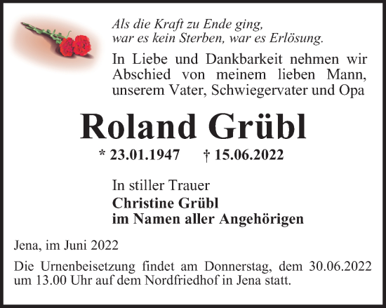 Traueranzeige von Roland Grübl von Ostthüringer Zeitung