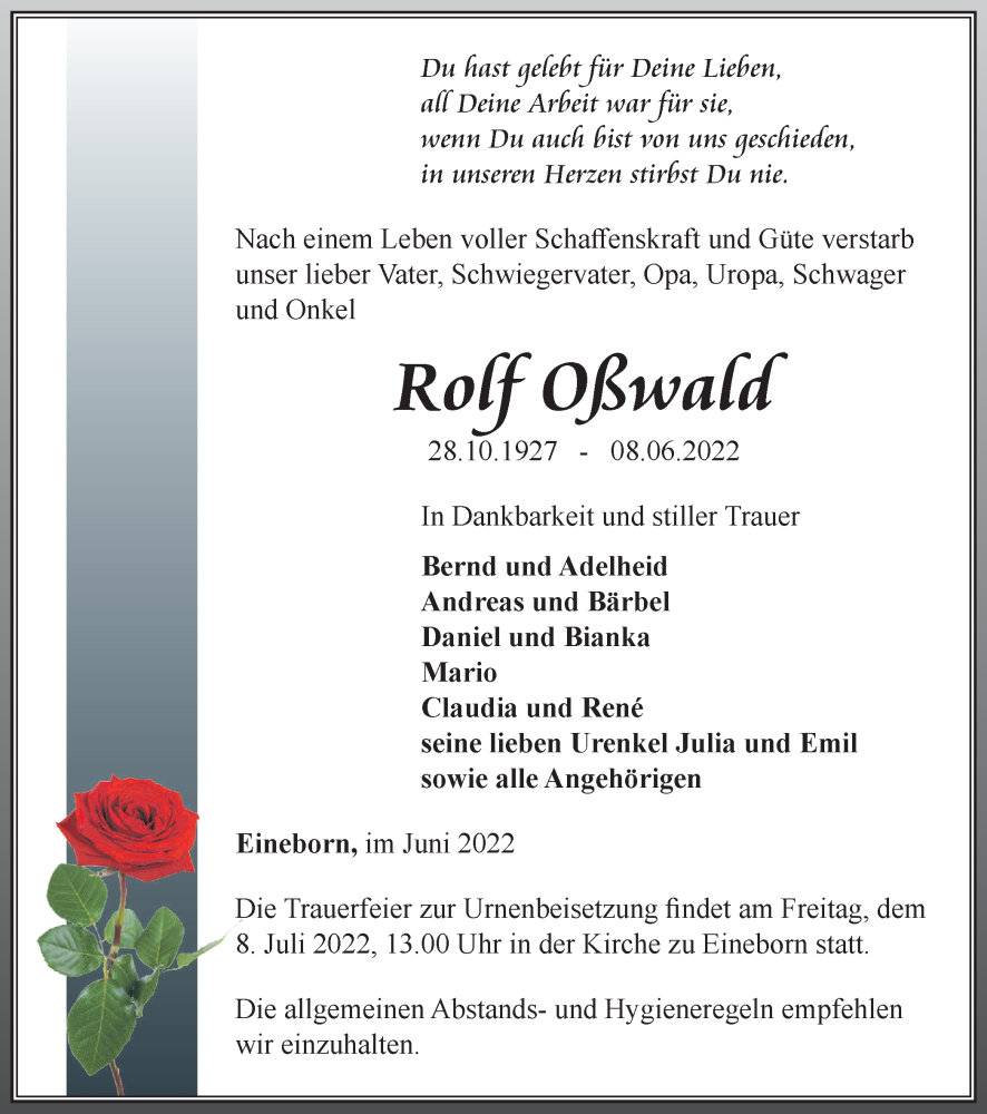  Traueranzeige für Rolf Oßward vom 25.06.2022 aus Ostthüringer Zeitung