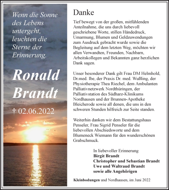 Traueranzeige von Ronald Brandt von Thüringer Allgemeine