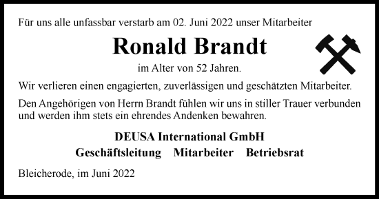 Traueranzeige von Ronald Brandt von Thüringer Allgemeine