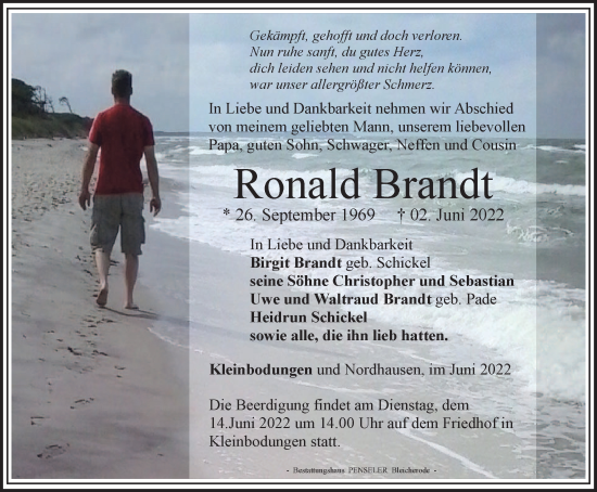 Traueranzeige von Ronald Brandt von Thüringer Allgemeine