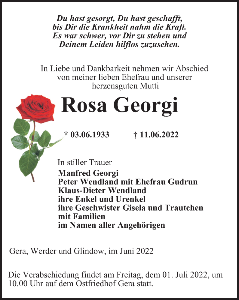  Traueranzeige für Rosa Georgi vom 25.06.2022 aus Ostthüringer Zeitung