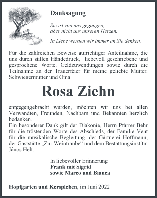 Traueranzeige von Rosa Ziehn von Thüringer Allgemeine, Thüringische Landeszeitung