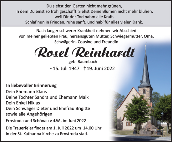 Traueranzeige von Rosel Reinhardt von Thüringer Allgemeine, Thüringische Landeszeitung