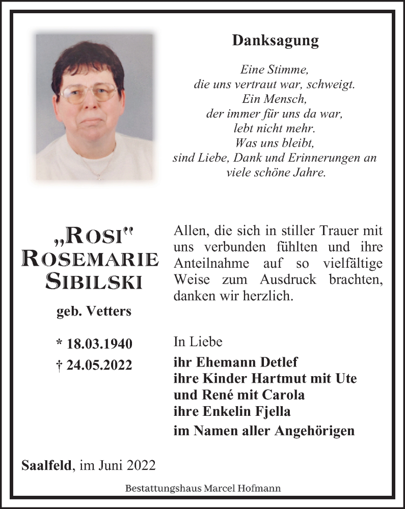  Traueranzeige für Rosemarie Sibilski vom 18.06.2022 aus Ostthüringer Zeitung